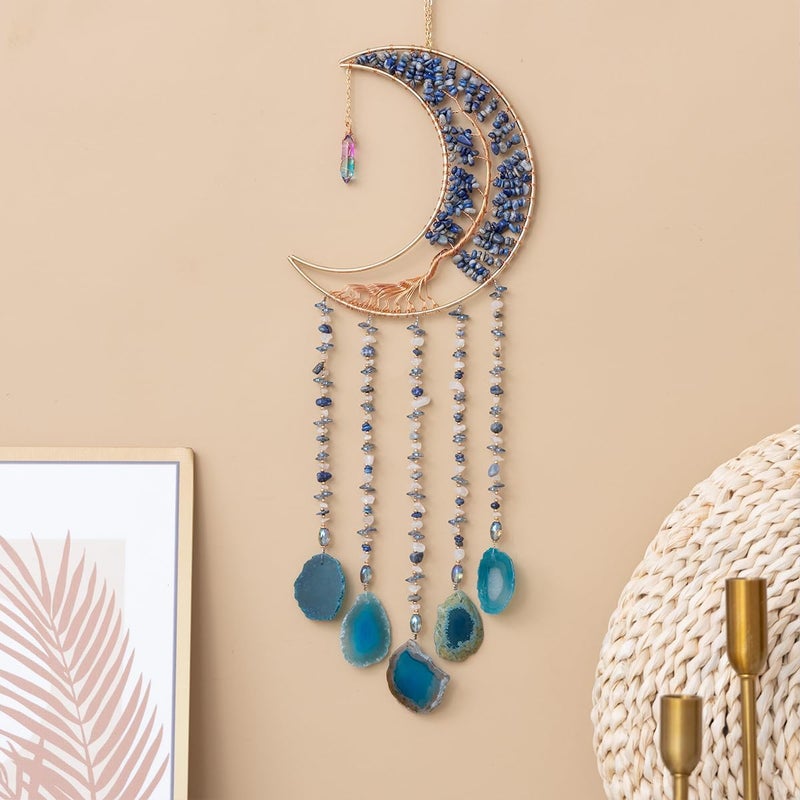 Dreamsum Agate Moon Dream Catchers with Crystal 7 Chakra Gemstone Dream Catchers Color Natural Gem Agate Wall Hangings Room Garden Dreamcatchers Decor (Lake Blue) - Image 5