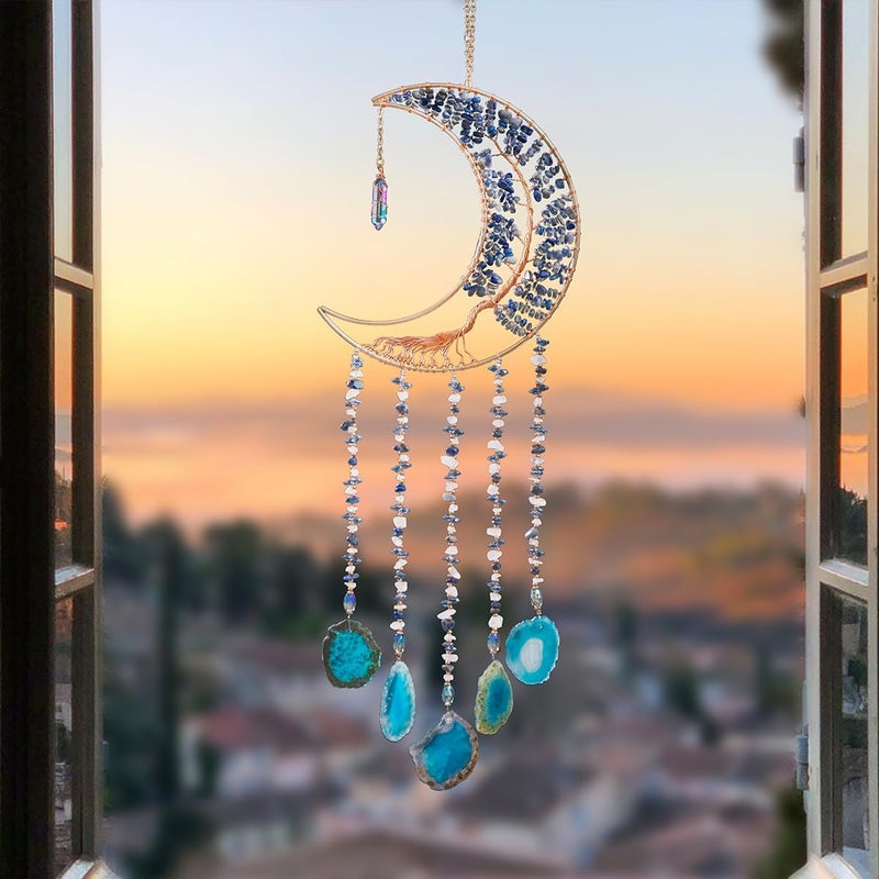 Dreamsum Agate Moon Dream Catchers with Crystal 7 Chakra Gemstone Dream Catchers Color Natural Gem Agate Wall Hangings Room Garden Dreamcatchers Decor (Lake Blue) - Image 4