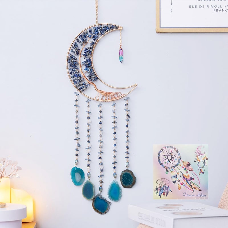 Dreamsum Agate Moon Dream Catchers with Crystal 7 Chakra Gemstone Dream Catchers Color Natural Gem Agate Wall Hangings Room Garden Dreamcatchers Decor (Lake Blue) - Image 1