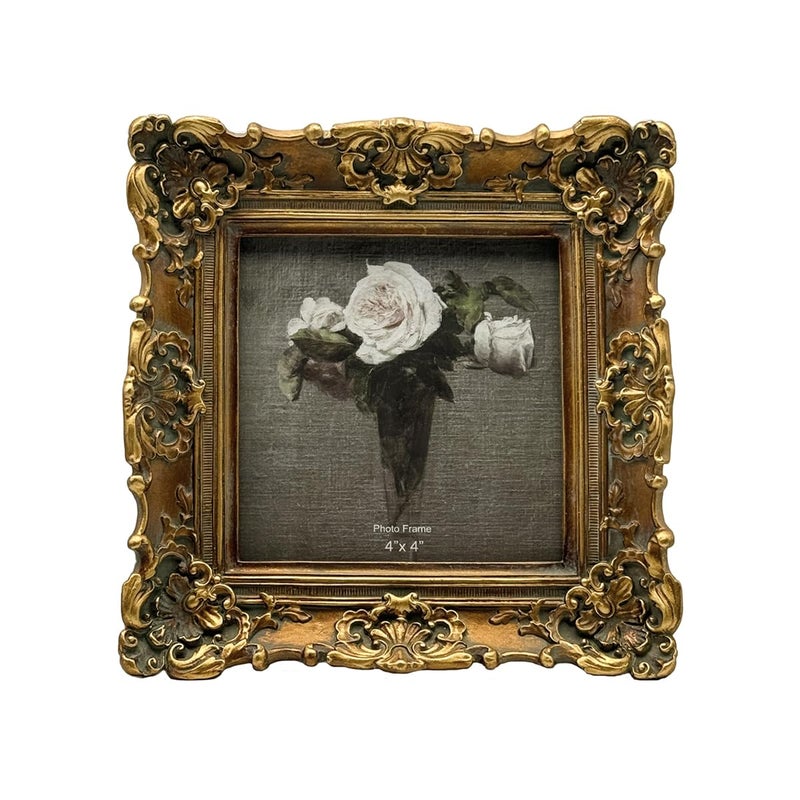 CISOO 4x4 Vintage Small Picture Frame, Antique Ornate Bronze Gold Square Photo Frame, for Table Top and Wall Display, Decorative Floral Design Retro Home Decor, Photo Gallery Art - Image 1