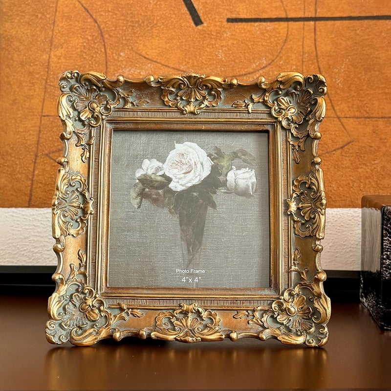 CISOO 4x4 Vintage Small Picture Frame, Antique Ornate Bronze Gold Square Photo Frame, for Table Top and Wall Display, Decorative Floral Design Retro Home Decor, Photo Gallery Art - Image 2