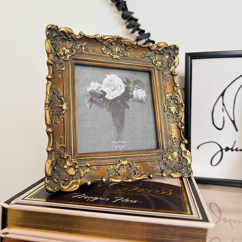 CISOO 4x4 Vintage Small Picture Frame, Antique Ornate Bronze Gold Square Photo Frame, for Table Top and Wall Display, Decorative Floral Design Retro Home Decor, Photo Gallery Art - Image 3