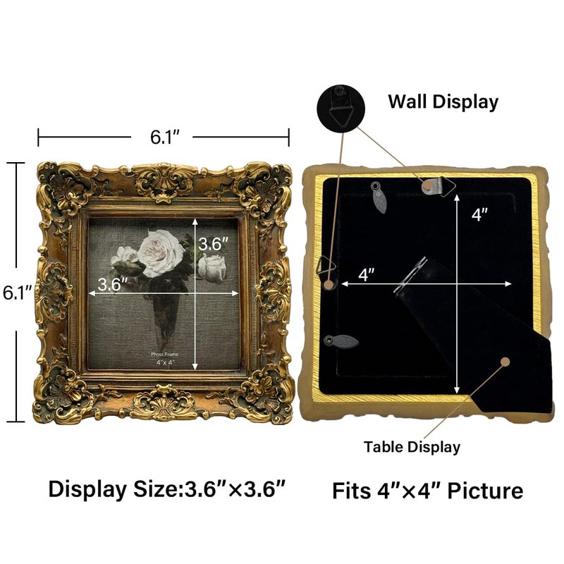 CISOO 4x4 Vintage Small Picture Frame, Antique Ornate Bronze Gold Square Photo Frame, for Table Top and Wall Display, Decorative Floral Design Retro Home Decor, Photo Gallery Art - Image 5