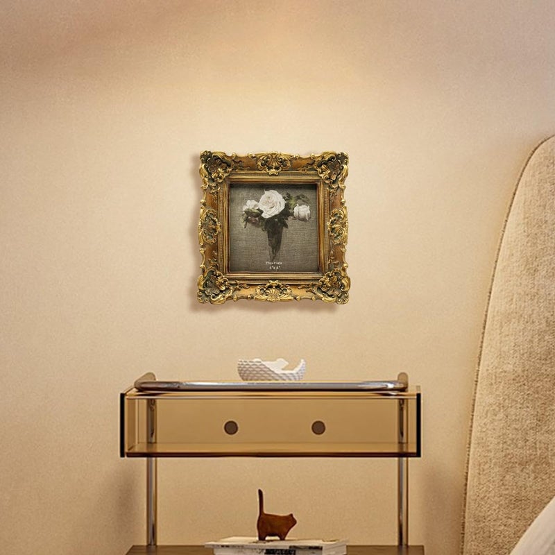 CISOO 4x4 Vintage Small Picture Frame, Antique Ornate Bronze Gold Square Photo Frame, for Table Top and Wall Display, Decorative Floral Design Retro Home Decor, Photo Gallery Art - Image 4