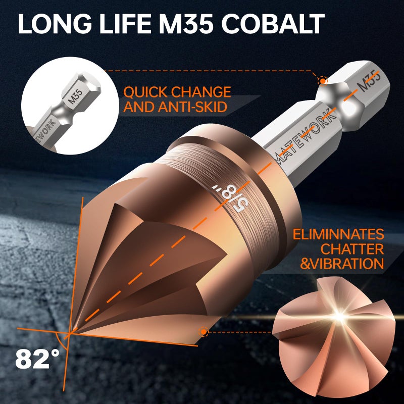 Matework Countersink Drill Bit Set, M35 Cobalt HSS Countersink Drill Bits 6 Pieces 1/4 Inch Quick Change Hex Shank for Metal, Wood, Stainless Steel, Carbon Steel - Image 3
