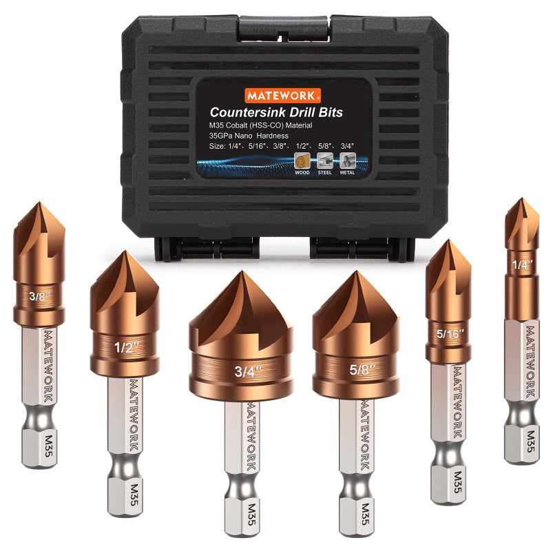 Matework Countersink Drill Bit Set, M35 Cobalt HSS Countersink Drill Bits 6 Pieces 1/4 Inch Quick Change Hex Shank for Metal, Wood, Stainless Steel, Carbon Steel - Image 1