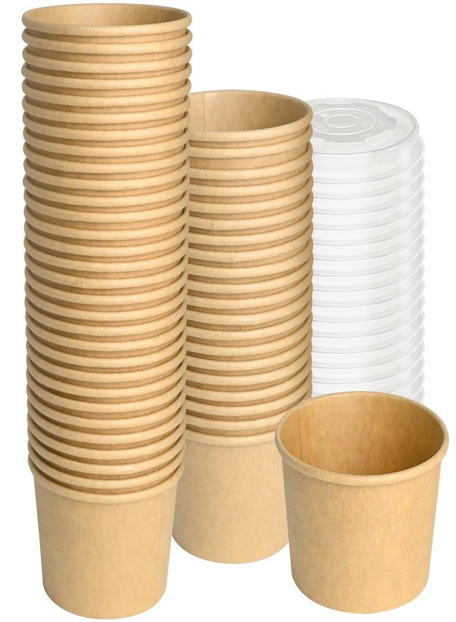 ESSENTIAL Paper Ice Cream Cups with Lids, 50pcs 8oz Disposable Dessert Bowls with Lids for Hot or Cold Food, Paper Snack Containers for Sundae, Frozen Yogurt, Soup (Brown) - Image 1