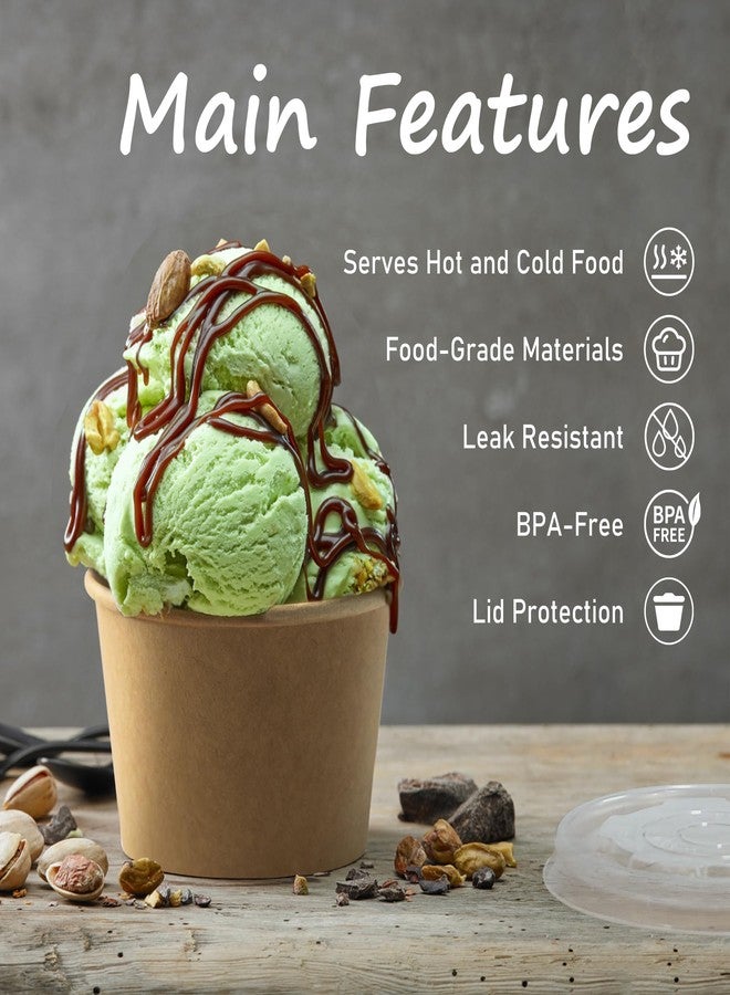 ESSENTIAL Paper Ice Cream Cups with Lids, 50pcs 8oz Disposable Dessert Bowls with Lids for Hot or Cold Food, Paper Snack Containers for Sundae, Frozen Yogurt, Soup (Brown) - Image 3