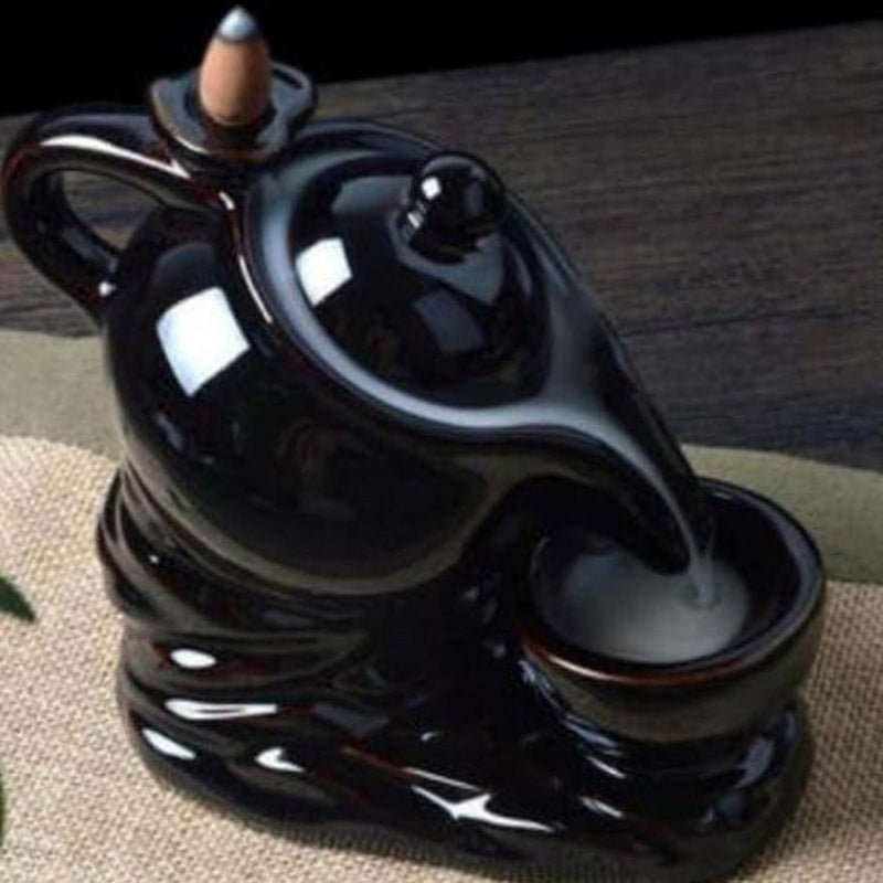 ascension Resin Tea Kettle and Cup Design Burner Smoke Backflow Holder Decorative Showpiece with 10 Scented Incenses Black - Image 1
