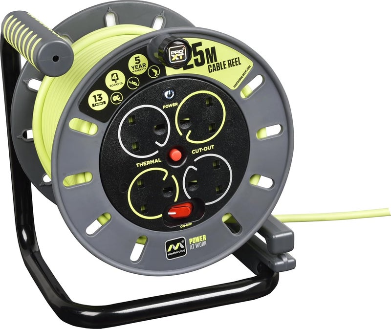 MASTERPLUG Pro-XT Four Socket Open Cable Reel Extension Lead with Winding Handle, Thermal Cut Out and Power Switch, 25 Metres High Visibility Cable, Green - Image 1