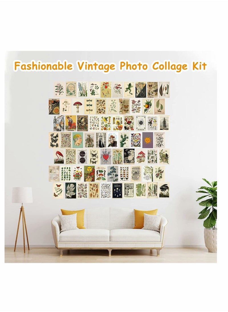 KASTWAVE - Vintage Wall Collage Kit Aesthetic Pictures, 70PCS Posters for Room Aesthetic, Cute Dorm Photo Wall Decor for Teen Girls, Botanical Wall Art, Printed Wall Sticker Decorative Aesthetics Warm Beige Card - Image 1