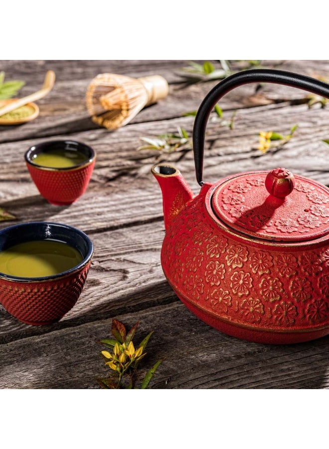 Restaurantware 30 Ounce Japanese Teapot, 1 Enamel Coated Japanese Tea Kettle - Cherry Blossom Design, Includes Mesh Strainer, Red Cast Iron Primitive Tea Kettle, For Teabags And Loose Leaf Tea - Image 3