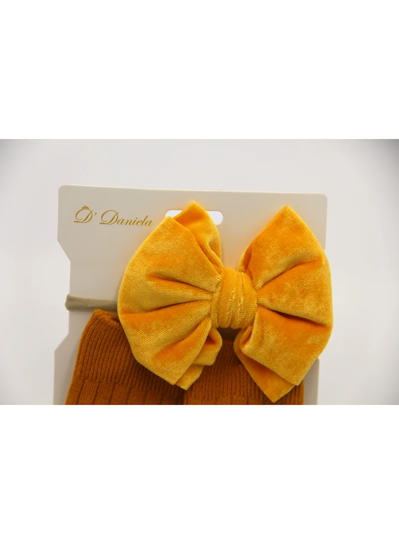 D'Daniela Mikha Socks & Ribbon Bow Set For Babies and Girls - Mustard Yellow