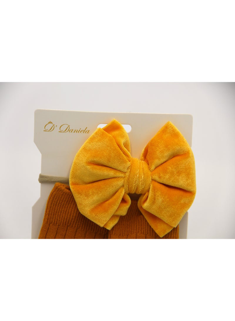 D'Daniela Mikha Socks & Ribbon Bow Set For Babies and Girls - Mustard Yellow - Image 3