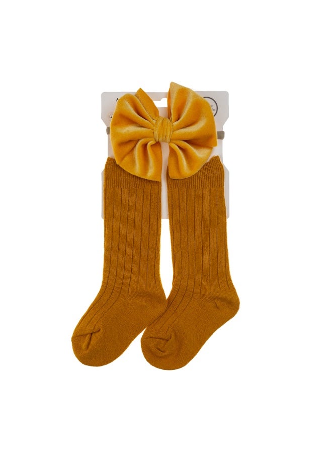 D'Daniela Mikha Socks & Ribbon Bow Set For Babies and Girls - Mustard Yellow - Image 2