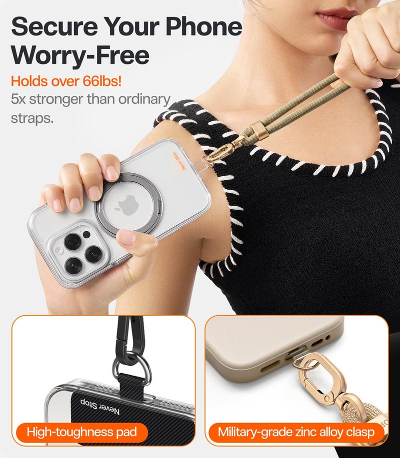 TORRAS Phone Lanyard Crossbody with 2 Phone Tabs, Adjustable Anti Theft Phone Strap for iPhone 17 Pro Max, Premium Metal Buckles, Universal Cell Phone Neck lanyard for Women and Men, Khaki - Image 4