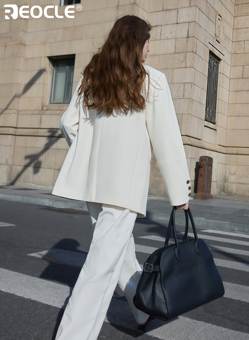 ريوكل جاكيت نسائي واسع بحزام تصميم وبزر أمامي، جاكيت كاجوال للمكتب بلون موحد لارتداء العمل - Image 4