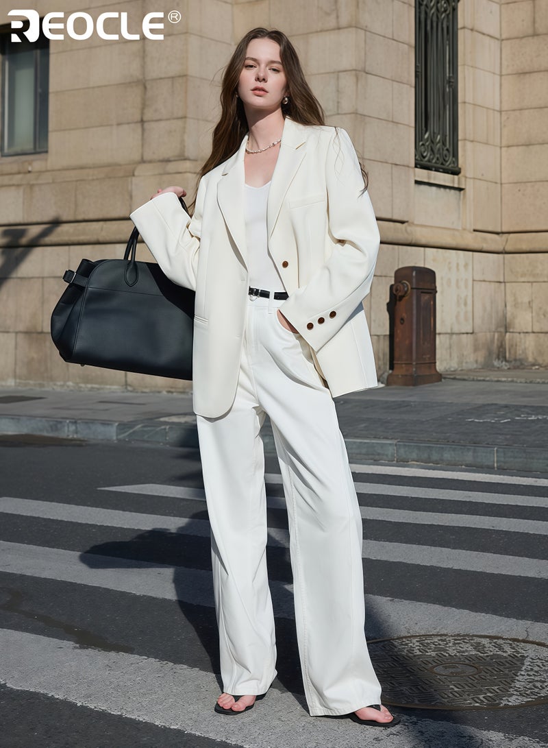 ريوكل جاكيت نسائي واسع بحزام تصميم وبزر أمامي، جاكيت كاجوال للمكتب بلون موحد لارتداء العمل - Image 3