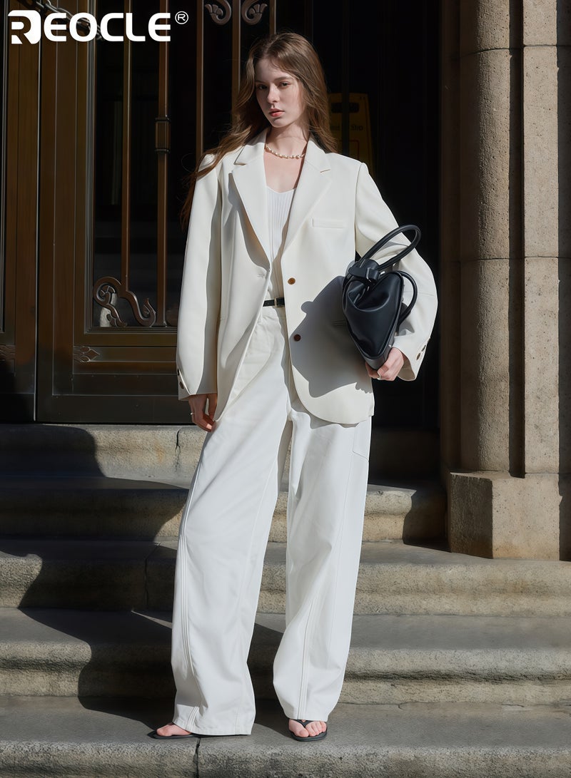 ريوكل جاكيت نسائي واسع بحزام تصميم وبزر أمامي، جاكيت كاجوال للمكتب بلون موحد لارتداء العمل - Image 5