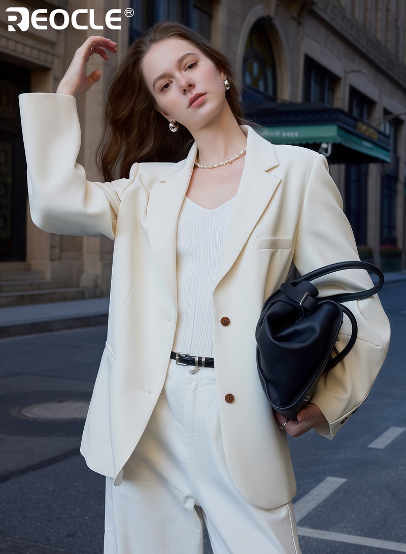 ريوكل جاكيت نسائي واسع بحزام تصميم وبزر أمامي، جاكيت كاجوال للمكتب بلون موحد لارتداء العمل - Image 3