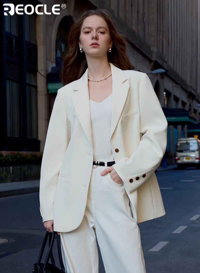 ريوكل جاكيت نسائي واسع بحزام تصميم وبزر أمامي، جاكيت كاجوال للمكتب بلون موحد لارتداء العمل - Image 2