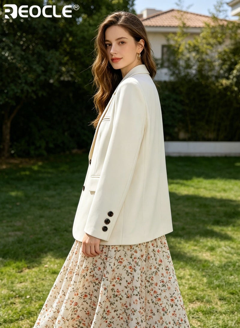 REOCLE Women's Oversized Blazer with Lapel Design and Button Down Front Casual Office Suit with Solid Color for Work Wear - Image 3