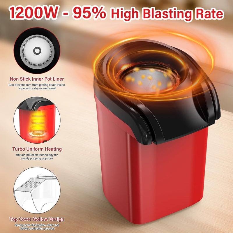 Hot Air Popcorn Machine 1200W – Healthy Popcorn Ready in 3 Minutes, No Oil, Touch of a Button Operation, Easy to Clean, Perfect for Family Gatherings & Movie Watching - Image 3