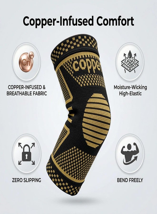 JIQUD Copper Elbow Compression Sleeve, Tennis Elbow Brace for Men and Women, 4-Way Stretch, Pain Relief, Recovery, Arthritis, Tendonitis, Bursitis (Black-Copper, Medium) - Image 5