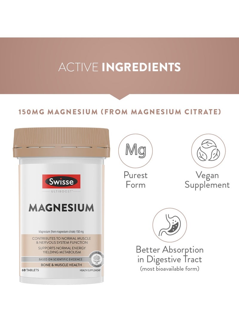 Swisse - UltiBoost Magnesium Contributes to Normal Muscle and Nervous System Function, Supports Normal Energy Yielding Metabolism - Bone & Muscle Health - 60 Tablets Health Suppliment - Image 1