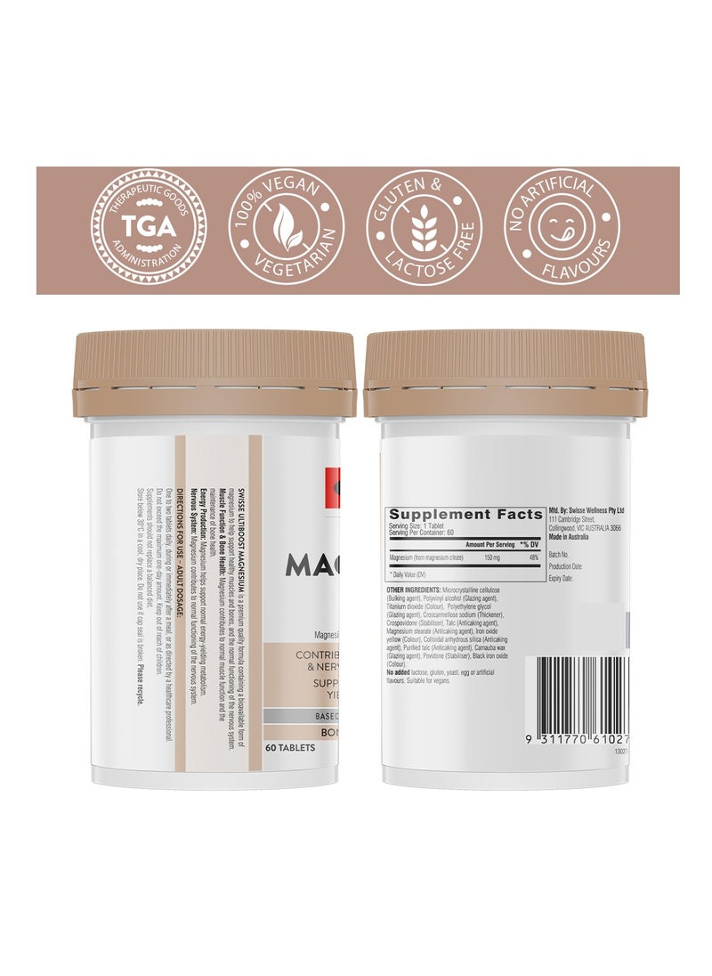 Swisse - UltiBoost Magnesium Contributes to Normal Muscle and Nervous System Function, Supports Normal Energy Yielding Metabolism - Bone & Muscle Health - 60 Tablets Health Suppliment - Image 1