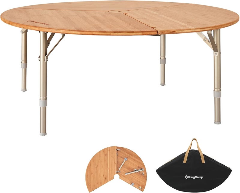 KingCamp Outdoor Table, One Pole Tent Table, Round Table, Adjustable Height, 3 Folds, Bamboo, Camping, Foldable, Low Table, Compact, Storage Bag Included, Width 37.4 inches (95 cm), Outdoor Table for 4 to 6 People, Load Capacity 66.1 lbs (30 kg), Camping Supplies - Image 1