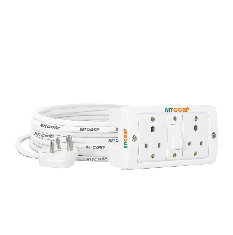 BITCORP Bitcorp Extension Cord 6A for Small Appliances 2 Way Multi Pin Outlet Plug 1 Switch 1500W Spike Guard Power Strip with 1 Meter Long Cable Cord White  - Image 1