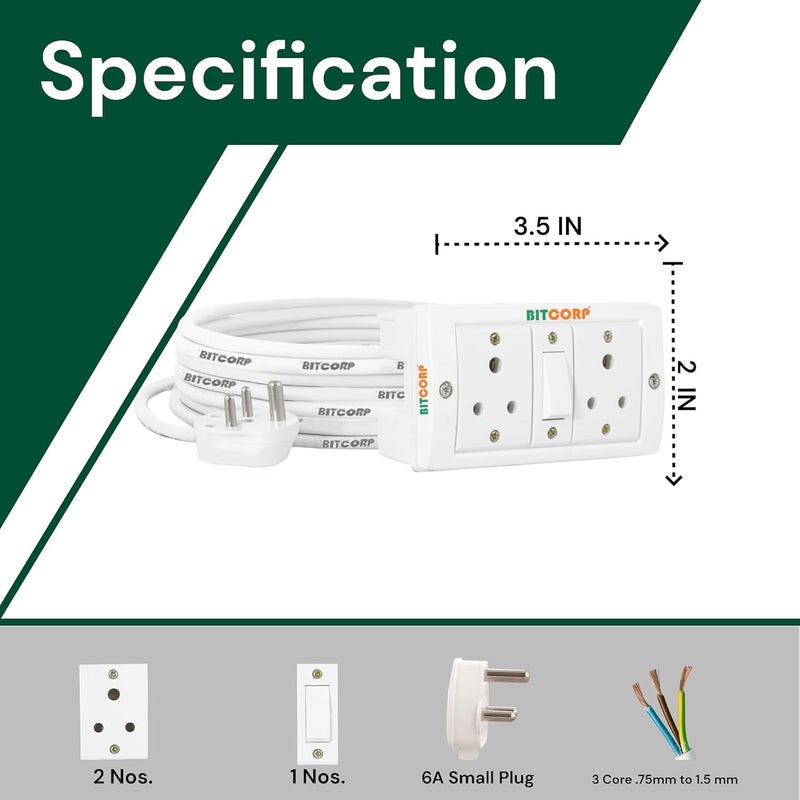 BITCORP Bitcorp Extension Cord 6A for Small Appliances 2 Way Multi Pin Outlet Plug 1 Switch 1500W Spike Guard Power Strip with 1 Meter Long Cable Cord White  - Image 3