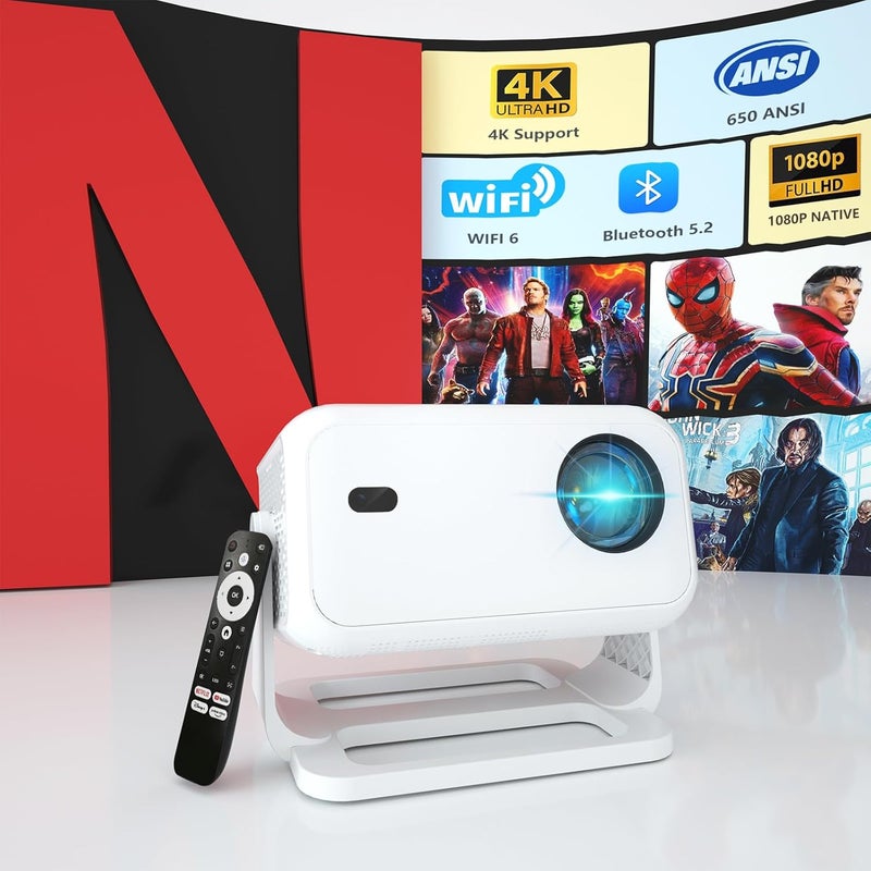 【Netflix-Licensed & Auto Focus/Keystone】Smart Projector with Wifi and Bluetooth, Native 1080P 4K Support Outdoor Movie Projector, Home Ceiling Portable Mini Projector with Stand TV Cast - Image 1
