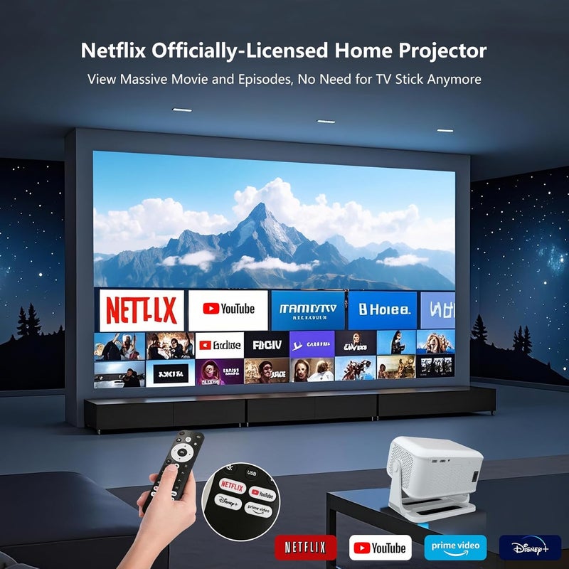 【Netflix-Licensed & Auto Focus/Keystone】Smart Projector with Wifi and Bluetooth, Native 1080P 4K Support Outdoor Movie Projector, Home Ceiling Portable Mini Projector with Stand TV Cast - Image 3