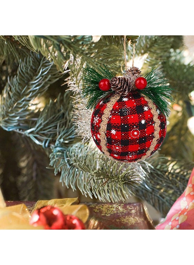 Iceyyyy 6PCS Christmas Plaid Ball Ornaments - 2 Inch Black & Red Buffalo Fabric With Pine Cones and Greenery, Tree Hanging Festive Decorations - Image 3