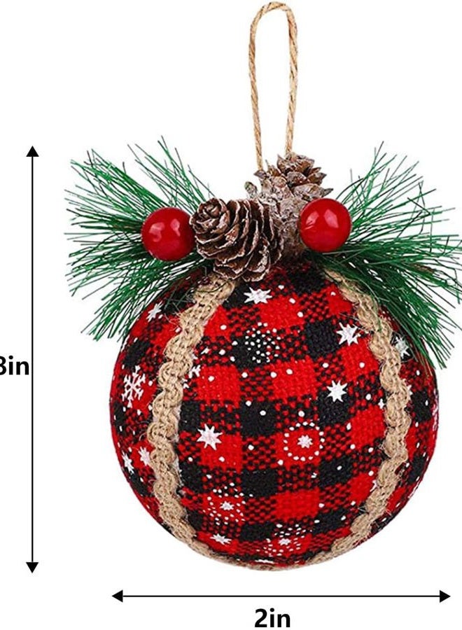Iceyyyy 6PCS Christmas Plaid Ball Ornaments - 2 Inch Black & Red Buffalo Fabric With Pine Cones and Greenery, Tree Hanging Festive Decorations - Image 2