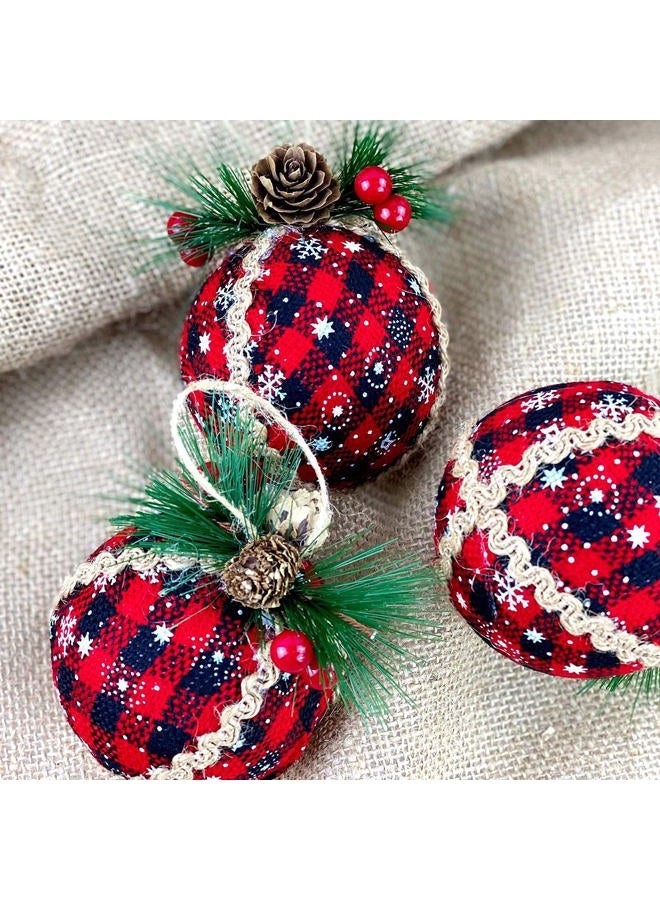 Iceyyyy 6PCS Christmas Plaid Ball Ornaments - 2 Inch Black & Red Buffalo Fabric With Pine Cones and Greenery, Tree Hanging Festive Decorations - Image 5