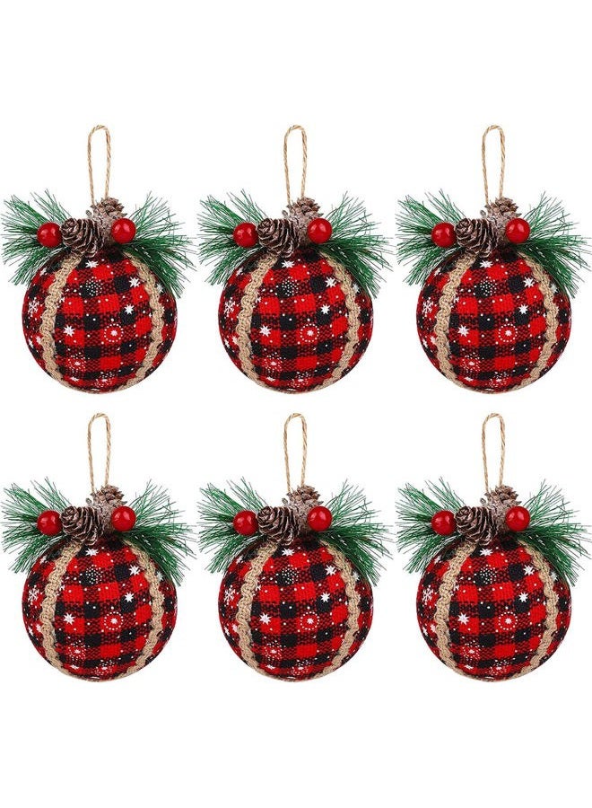 Iceyyyy 6PCS Christmas Plaid Ball Ornaments - 2 Inch Black & Red Buffalo Fabric With Pine Cones and Greenery, Tree Hanging Festive Decorations - Image 1