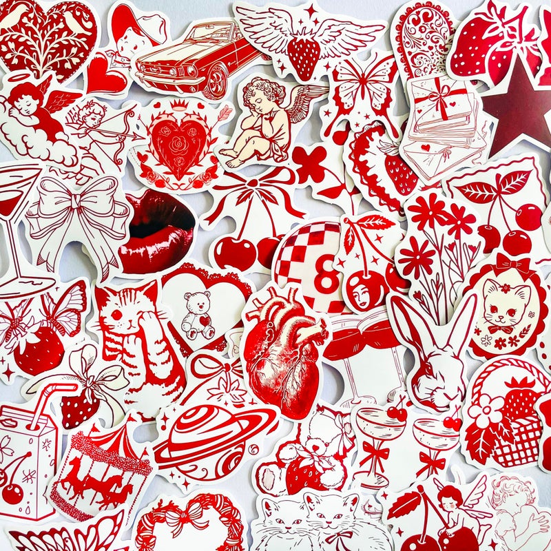 PIGBIT 50 Retro Red Stickers Pack â€“ Cute Heart, Cherry, Strawberry, Butterfly, Angel, Cat, and Love â€“ Vintage Hand-Drawn Illustrations for Laptops, Water Bottles, Journals, Scrapbooks & Valentines Gifts - Image 1