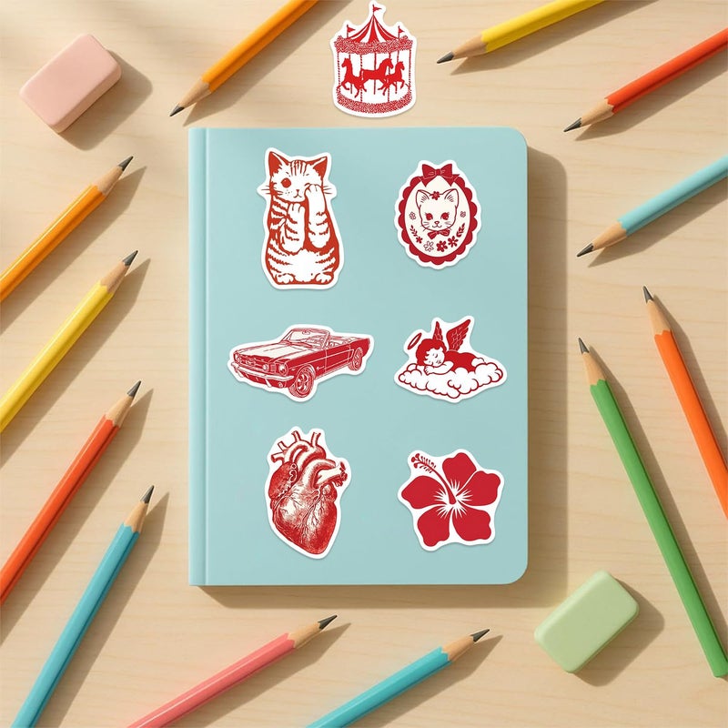 PIGBIT 50 Retro Red Stickers Pack â€“ Cute Heart, Cherry, Strawberry, Butterfly, Angel, Cat, and Love â€“ Vintage Hand-Drawn Illustrations for Laptops, Water Bottles, Journals, Scrapbooks & Valentines Gifts - Image 4