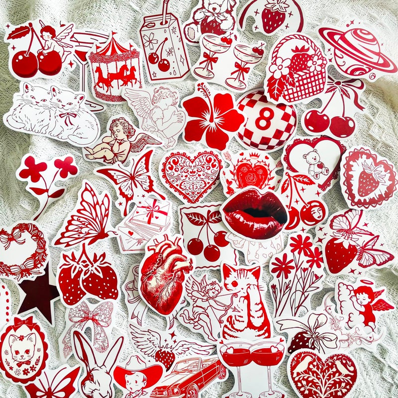PIGBIT 50 Retro Red Stickers Pack â€“ Cute Heart, Cherry, Strawberry, Butterfly, Angel, Cat, and Love â€“ Vintage Hand-Drawn Illustrations for Laptops, Water Bottles, Journals, Scrapbooks & Valentines Gifts - Image 2