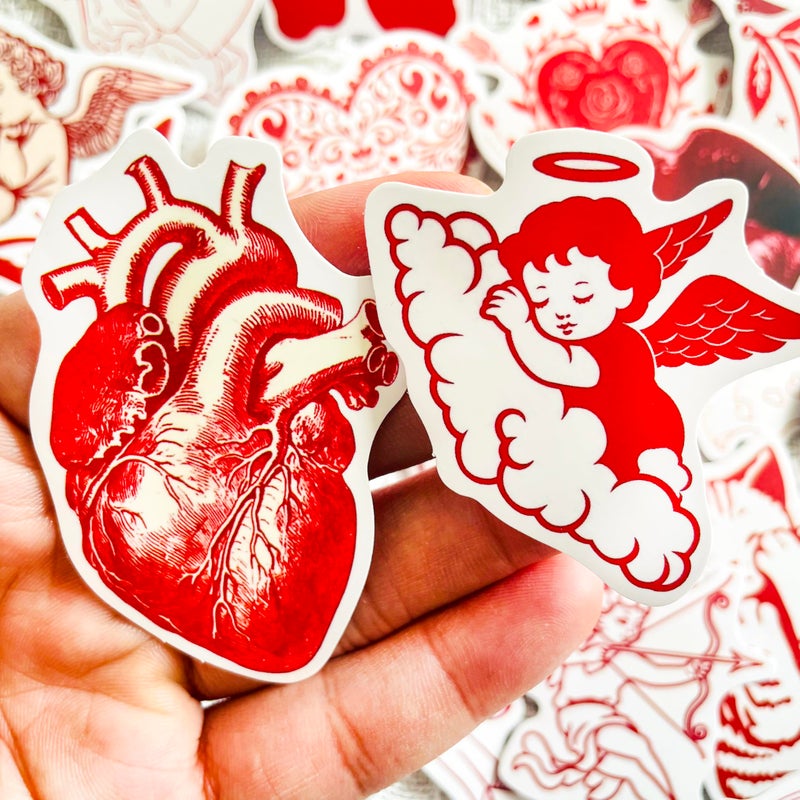 PIGBIT 50 Retro Red Stickers Pack â€“ Cute Heart, Cherry, Strawberry, Butterfly, Angel, Cat, and Love â€“ Vintage Hand-Drawn Illustrations for Laptops, Water Bottles, Journals, Scrapbooks & Valentines Gifts - Image 3