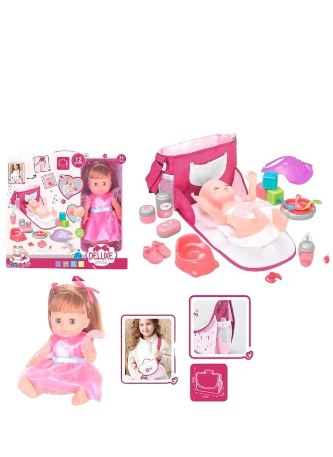 صندوق العاب - أطفال دمية Playset ألعاب رعاية الطفل مع دمية سهلة تنفيذ دمية حقيبة المرحاض زجاجة تستخدم في الرضاعة لعب منزل المنزل التظاهر لعب للفتيات - Image 1