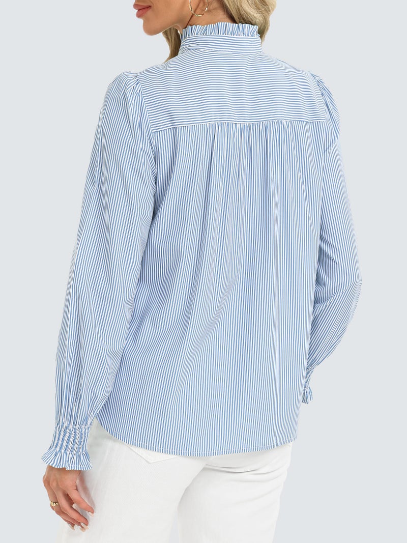 Funlingo Button Down Shirts for Women Striped Long Sleeve Smocked Cuffed Blouses Casual Oversized Ruffle Collared Tops Spring Work Clothes Blue White XL - Image 4