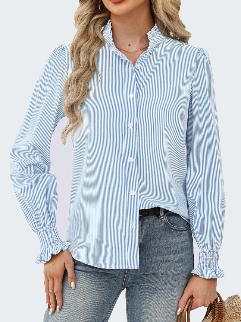 Funlingo Button Down Shirts for Women Striped Long Sleeve Smocked Cuffed Blouses Casual Oversized Ruffle Collared Tops Spring Work Clothes Blue White XL - Image 2