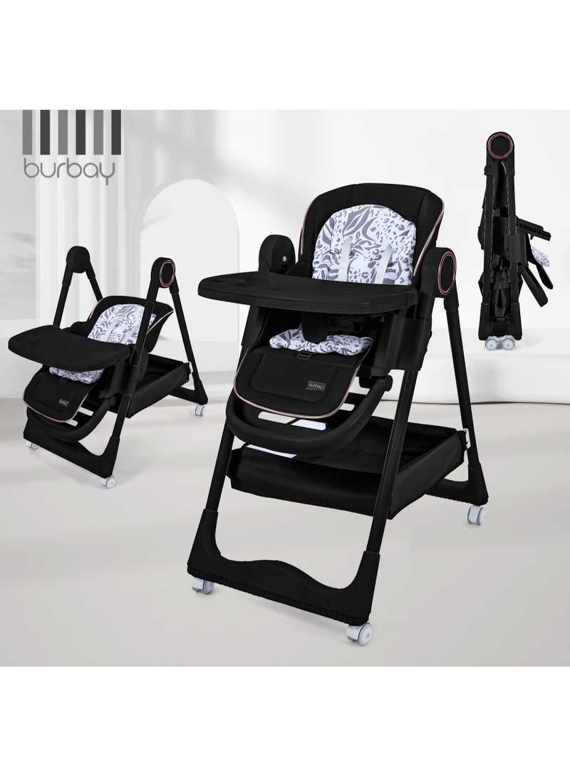 burbay Dining chair 3*1 sitting and sleeping positions, adjustable in height and foldable, equipped with a food tray and leg rest, black color  - Image 1