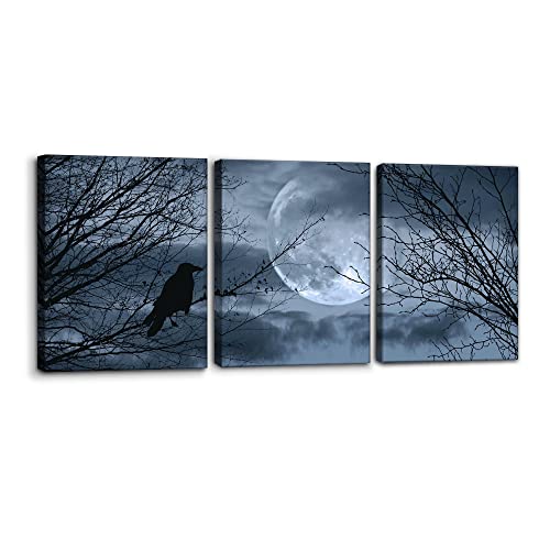 Pacimo 3 Pieces Canvas Art Wall Decor Full Moon Halloween Pictures Black and White Wall Art Painting Prints on Canvas Modern Artwork Stretched and Framed Ready to Hang - 12" x 16" x 3 - Image 1
