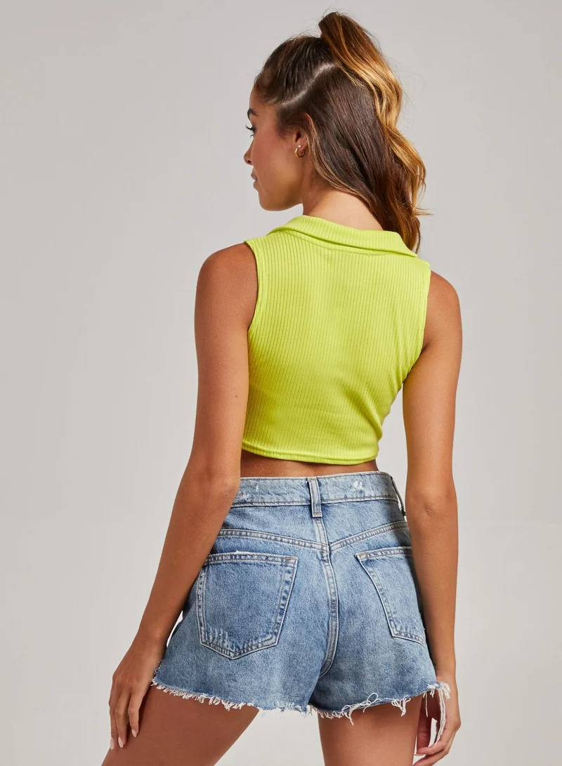 Pink Vanilla  Gathered Collar Neck Rib Top for Women | Best Price UAE