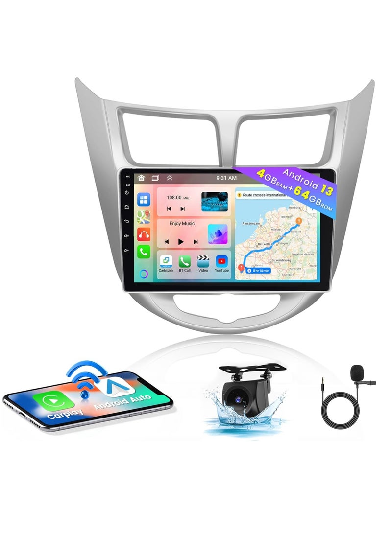 [4+64G] Android Car Stereo for Hyundai Accent Verna Solaris 2010-2016, 9" IPS Touch Screen Radio with Wireless Carplay & Android Auto, GPS Navigation, WiFi, Backup Camera, Bluetooth, DSP, FM, 59UI - Image 1